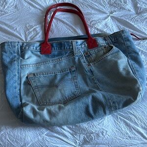 Denim Satchel with Red Handles